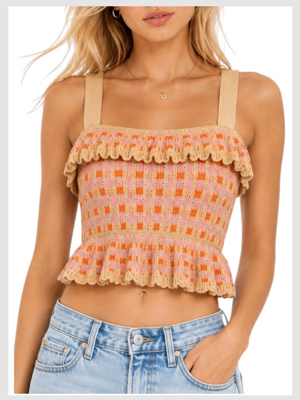 Zara Crochet Ruffle Crop Tank Pink Orange Smocked S